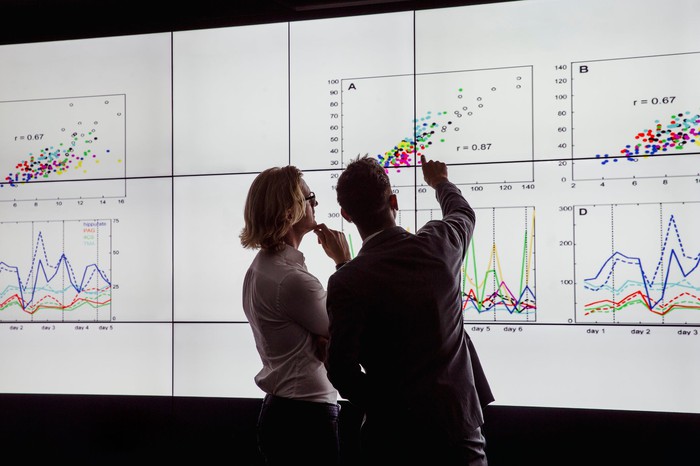 Two people studying charts on a big screen.